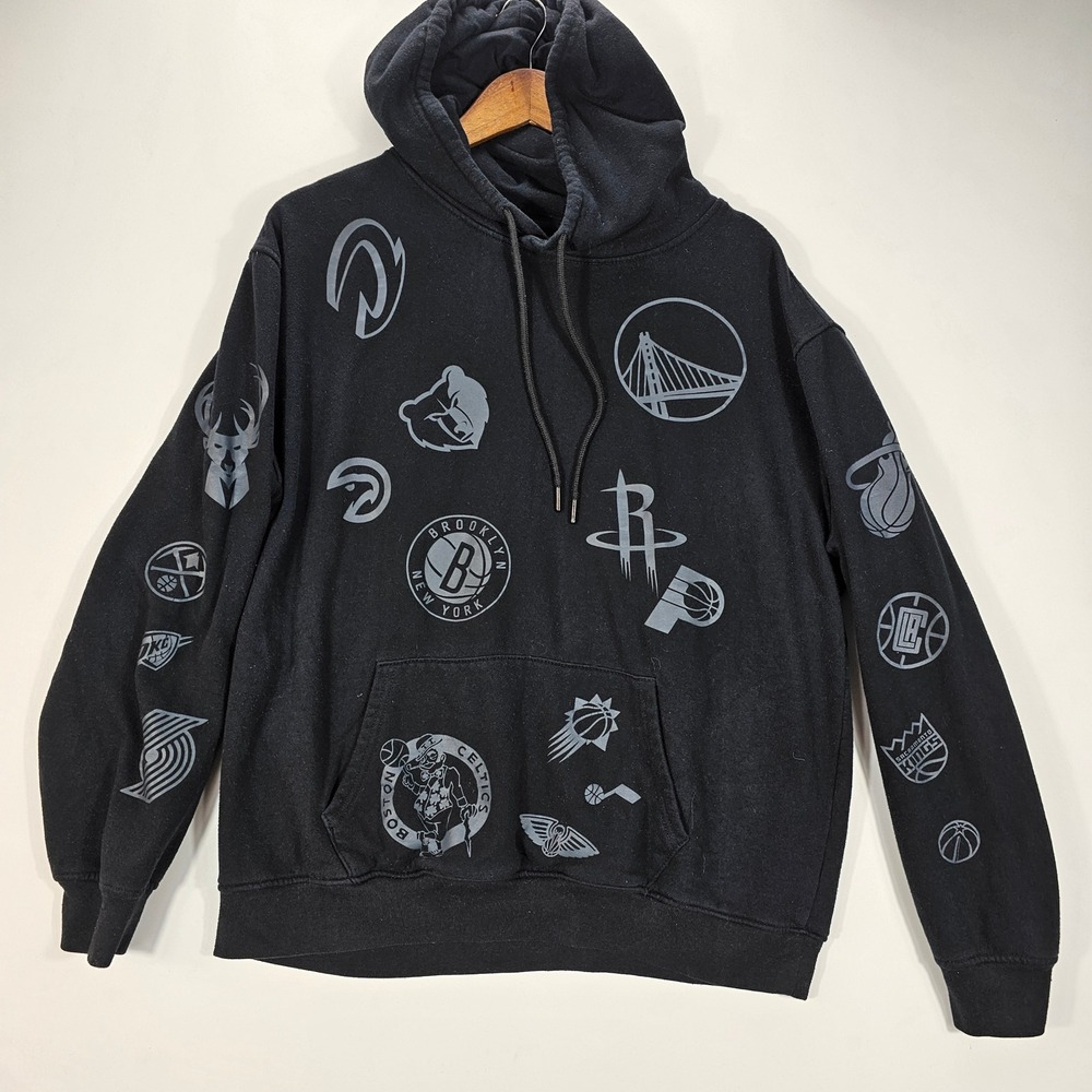 NBA Hoodie Mens Large Black‎ Streetwear All Over Print Team Logos Sweatshirt